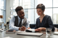 front view portrait of two diverse business colleagues reviewing documents at table in windowed office